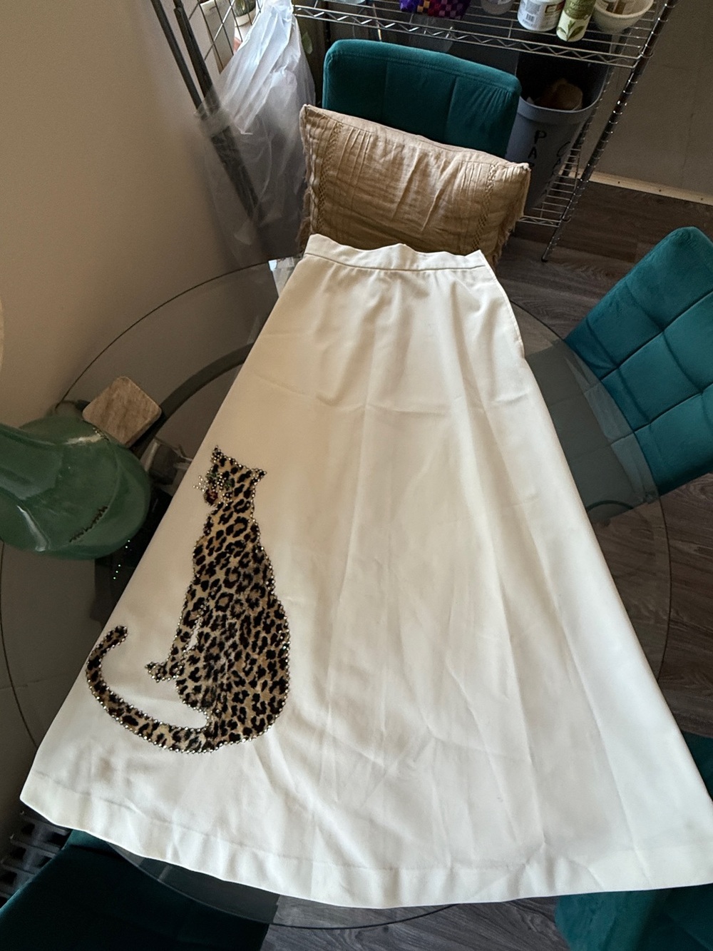 Vintage 1950’s Ivory A-Line Skirt with Leopard faux fur and crystal Appliqué.